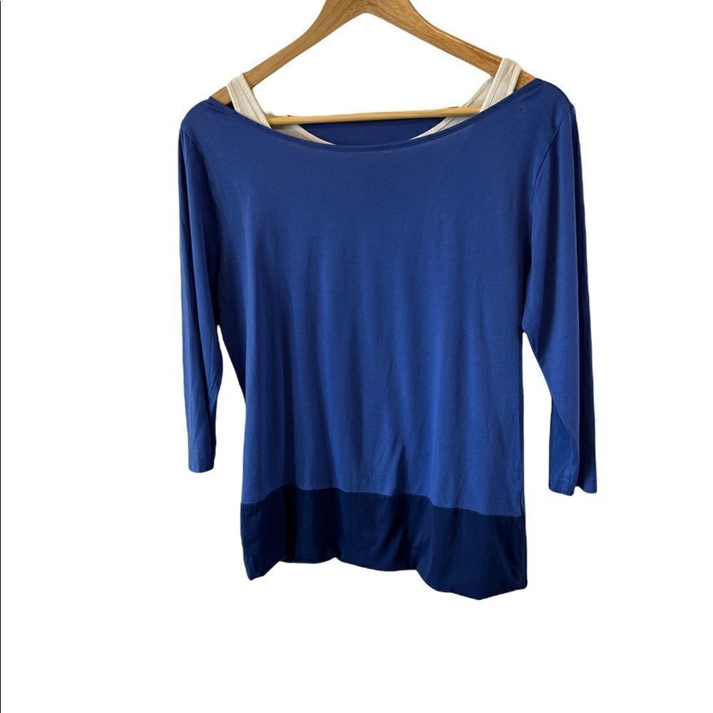 JOE FRESH Colour Blocked Blue & Black 3/4 Sleeve Tank Insert Top L